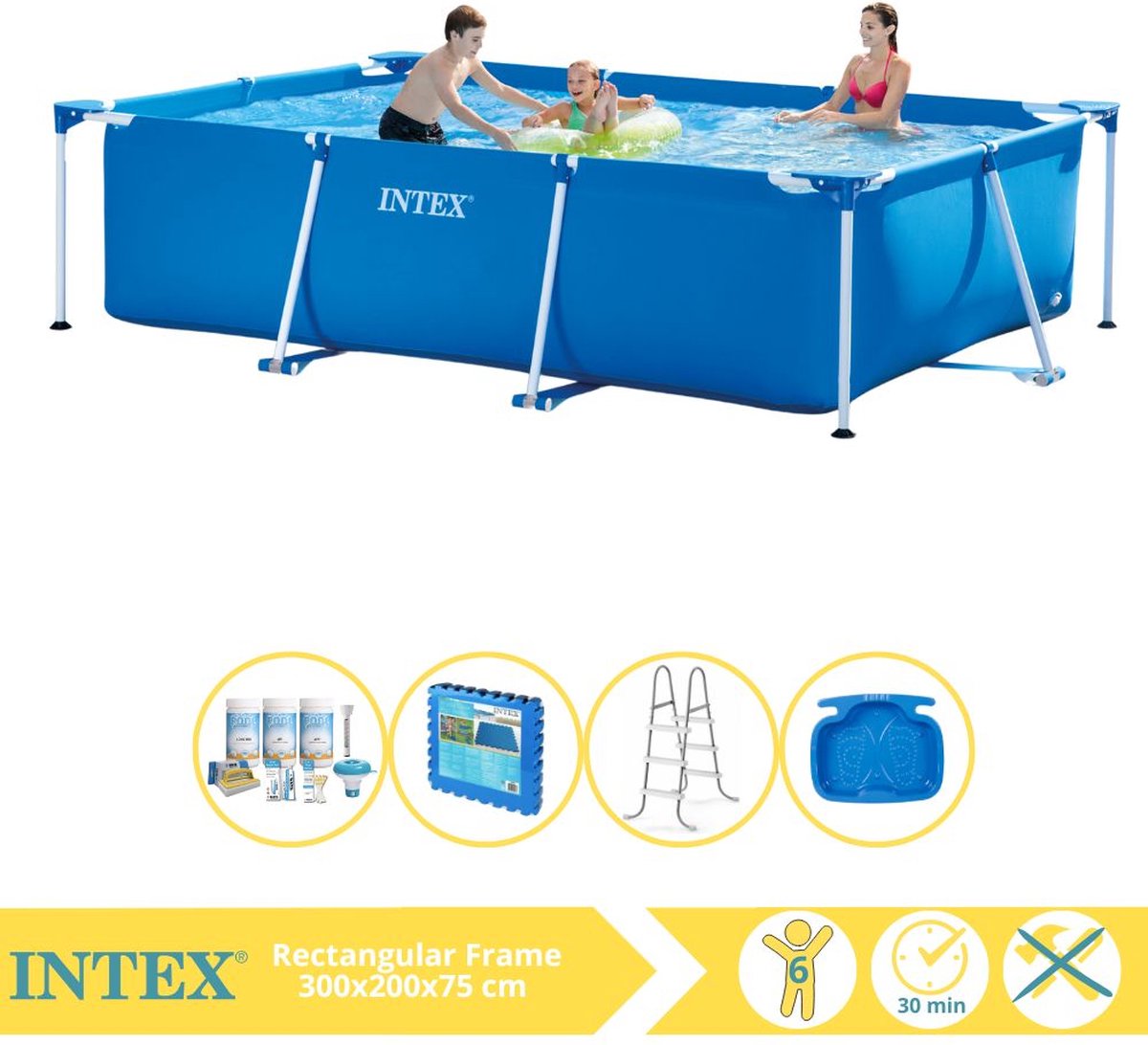 Intex Rectangular Frame Zwembad – Opzetzwembad – 300x200x75 cm – Inclusief Onderhoudspakket, Trap, Voetenbad en Zwembadtegels