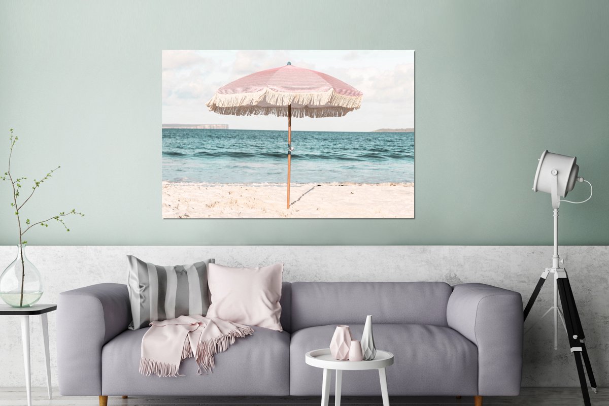 Wanddecoratie Metaal - Aluminium Schilderij Industrieel - Parasol - Strand - Zee - Wolken
