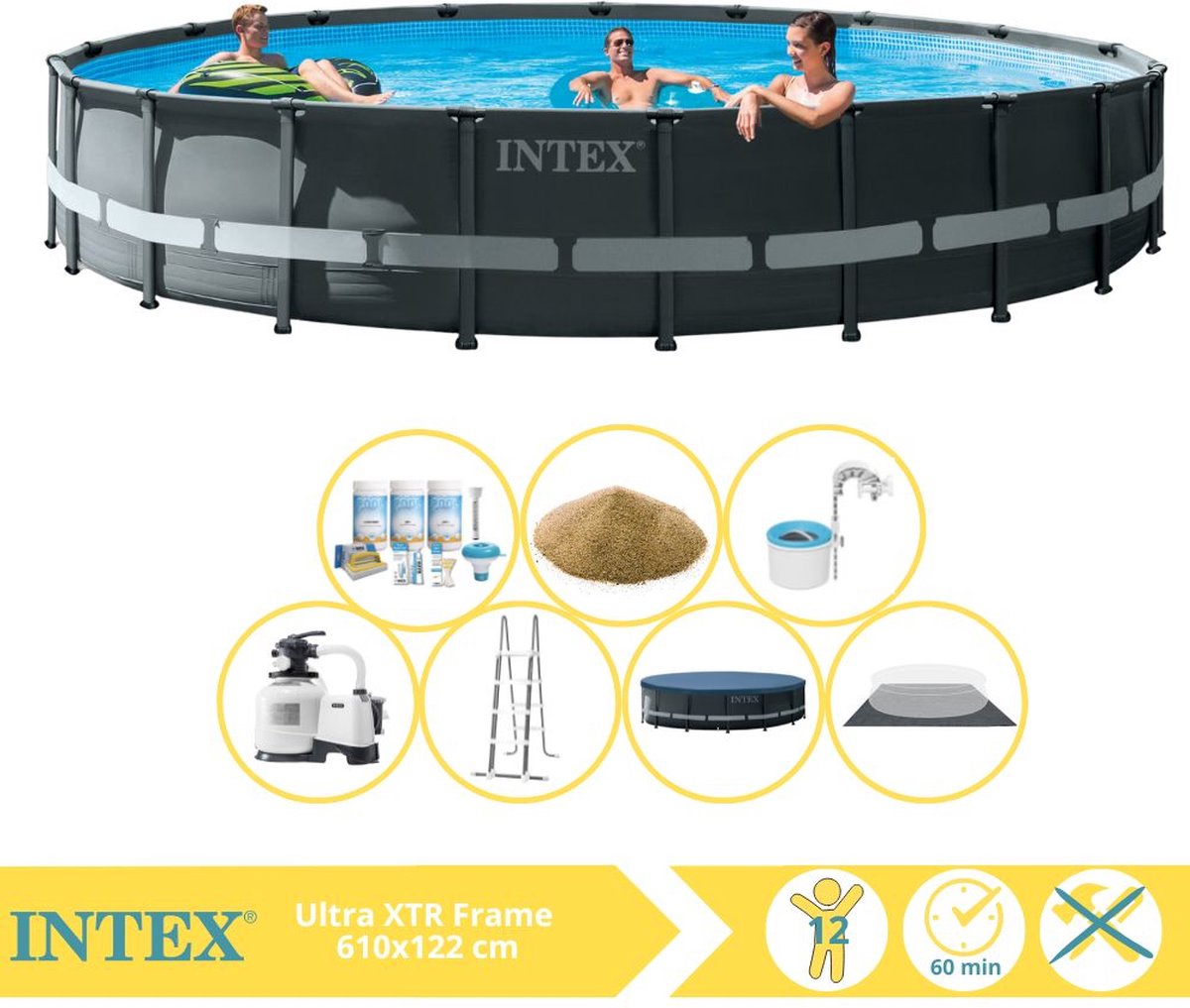 Intex Ultra XTR Frame Zwembad – Opzetzwembad – 732×132 cm – Inclusief Onderhoudspakket, Filterzand en Skimmer