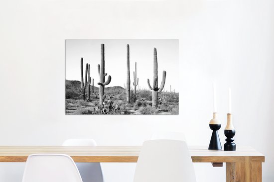 Wanddecoratie Metaal - Aluminium Schilderij Industrieel - Cactussen - Zwart wit - Natuur - Landschap - 90x60 cm - Dibond - Foto op aluminium - Industriële muurdecoratie - Voor de woonkamer/slaapkamer