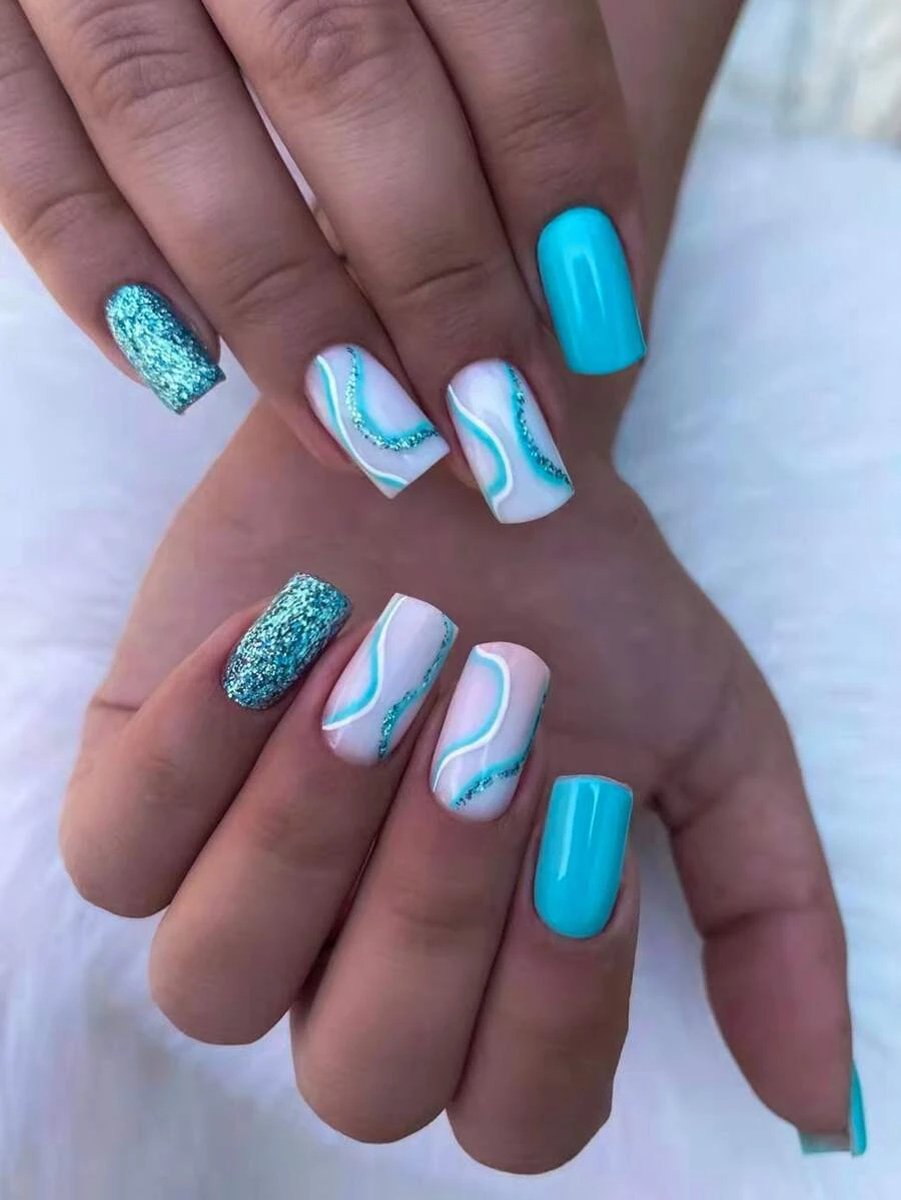 Goedkoopste 24 stuks blauw gestreepte kunstnagels - nepnagels - plaknagels