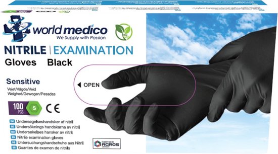 World Medico handschoenen - Nitril handschoenen - Zwart - M - Poedervrij - 100 stuks 5 GRAM!