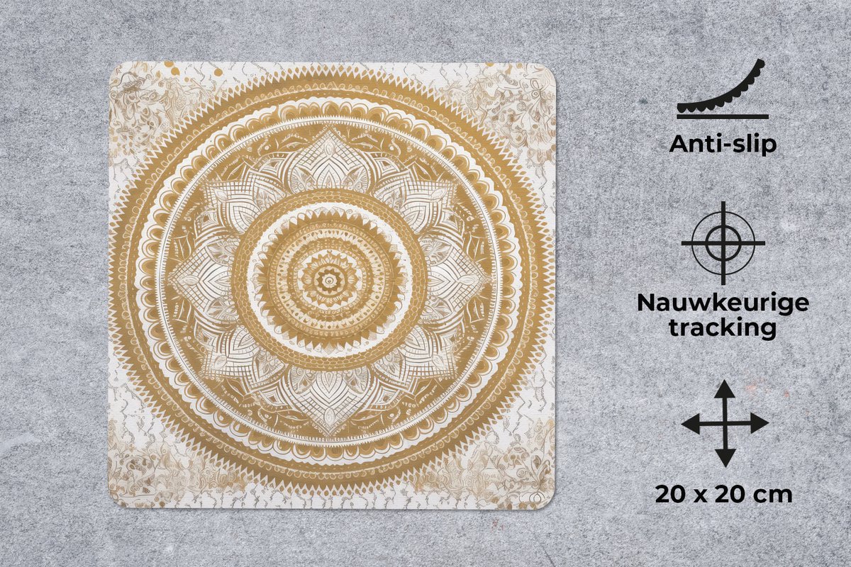 Muismat 20x20 cm - Mousepad Mandala - Bloemen - Goud - Wit - Design - Muismatten