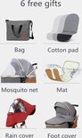 Zes gratis cadeaus voor de kinderwagen: tas, katoenen inlegger, muskietennet, mat, regenhoes en voetenzak.
