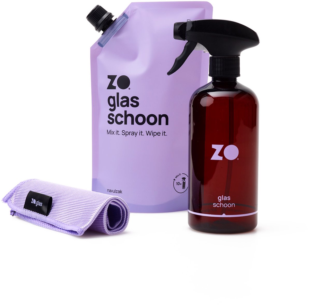 ZO glas schoon startpakket - Sprayer - 3 navullingen - glasdoek XL - Streeploos