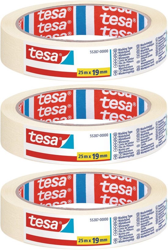 Set van 3x Afplaktape/schilderstape 19 mm x 25 m - Verf afplakband/tape - Maskeertape - Tesa Masking tape