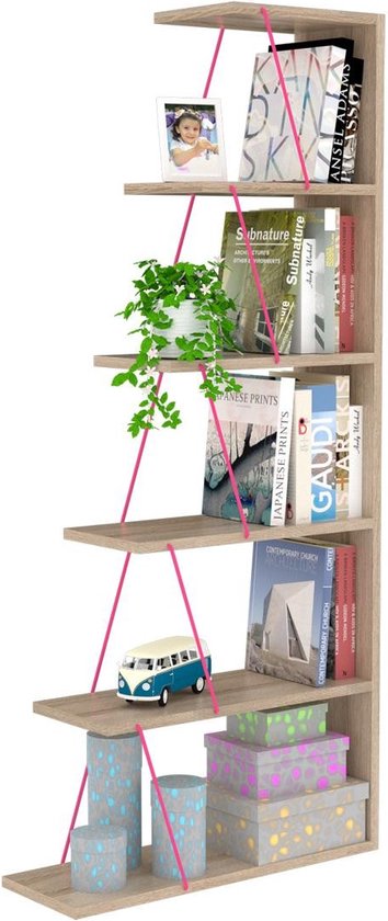 Modern Boekenrek Tars Mini | Boekenkast | met 6 Boekenplanken | Licht  Eik/Roze 65x20x144cm | bol.com
