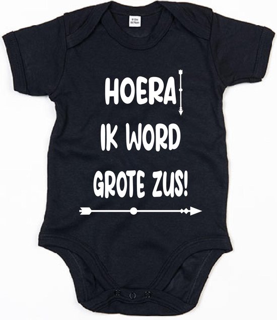 Barboteuse Bébé Hourra Big Sister - 6-12 mois - Zwart - Barboteuses bébé avec texte