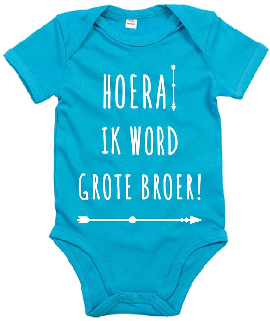 Baby Romper Hoera Grote Broer - 0-3 Maanden - Surf Blue - Rompertjes baby met tekst