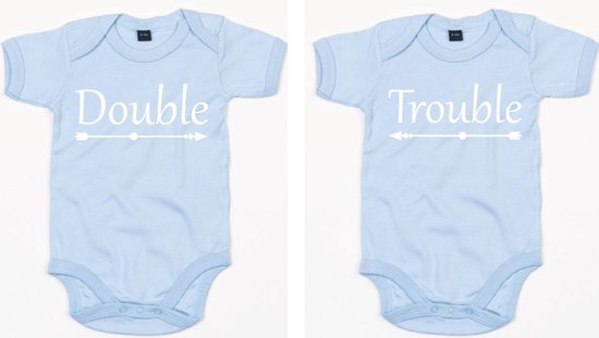 Ensemble barboteuse Bébé Double Trouble 12-18 mois - Blauw - Barboteuses bébé avec texte - Barboteuses pour jumeaux