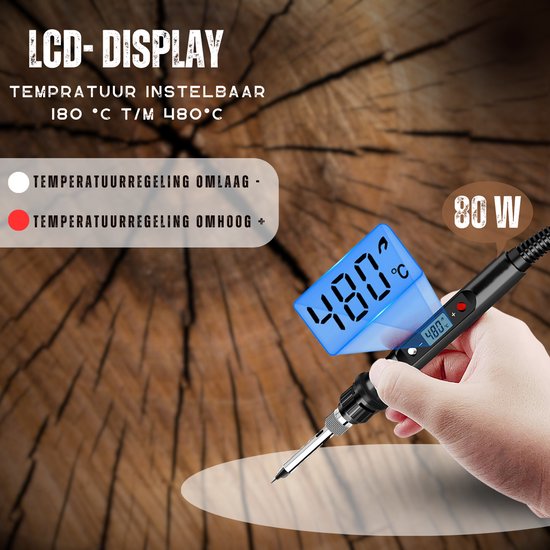 Zwarte soldeerbout met LCD-display waarop 480°C wordt weergegeven. Temperatuurinstelling 180°C-480°C. 80W.