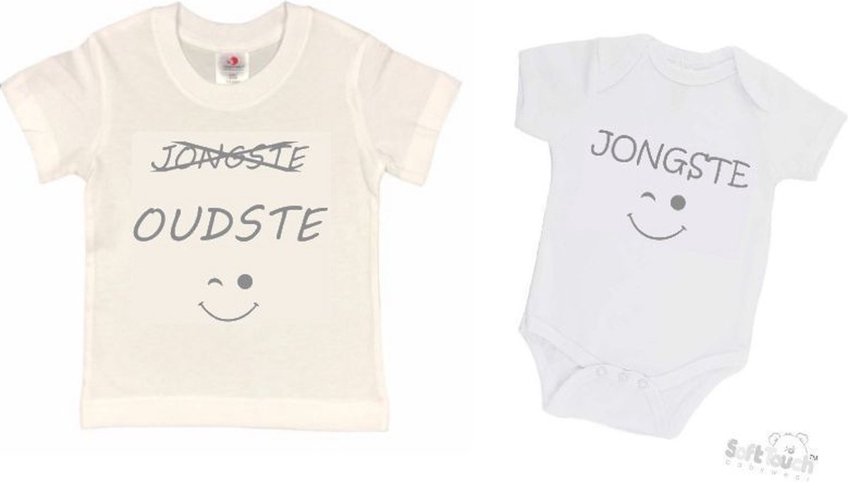 2-pack - T-shirt "Oudste"- Grote broer/zus T-shirt - (maat 98/104) & Soft Touch Romper "Jongste" Wit/grijs maat 56/62 – set van 2