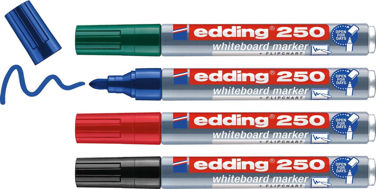 edding 250/4 boardmarker set - zwart, rood, blauw, groen - ronde punt 1,5-3mm - extra sterk door aluminium behuizing - geschikt voor whiteboard en flipchart