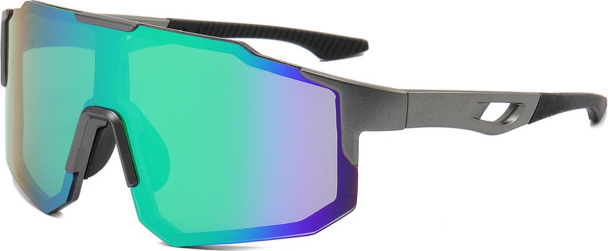 Sport Zonnebril - Fietsbril - Sportbril - Grijs Zwart - Groen Blauw Spiegel - Gepolariseerd - 
