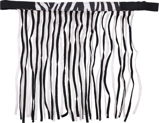 Zwarte en witte gestreepte vliegenfrontriem met franjes en zebraprint