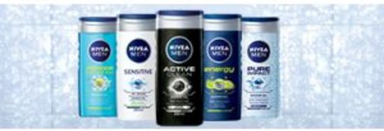 Vijf NIVEA MEN douchegels waaronder SPORT, SENSITIVE, ACTIVE ENERGY en PURE FRESH.