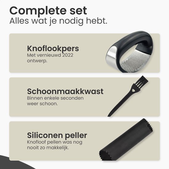 Cuisinly® - Presse-ail en acier inoxydable - presse-gingembre - couper l'ail - éplucher l'ail - couper le gingembre - ustensile de cuisine - gadget de cuisine - avec éplucheur d'ail et brosse de nettoyage offerts