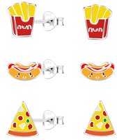 Joy|S - Zilveren oorbellen set - franse frietjes | hotdog | pizza - 3 paar - kinderoorbellen