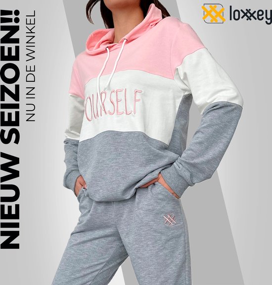 Loxxey® - Katoen - Vous-même - Combinaison de loisirs - Combinaison de jogging - Combinaison d'intérieur - Vêtements Home - Sweat à capuche - Survêtement - Survêtement - 1 Set (2 pièces) - Femme - Taille 3XL - Rose poudré / Grijs