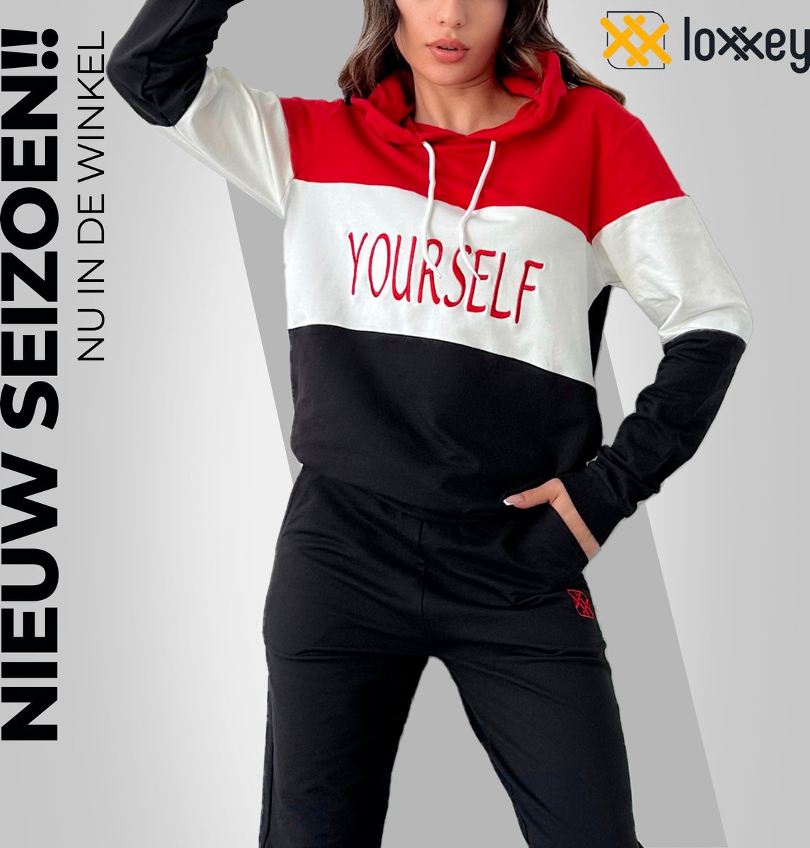 Loxxey® - Katoen - Yourself - Vrijetijdspak - Joggingpak - Huispak - Home Wear - Hoodie - Trainingspak - Tracksuit - 1 Set (2 Delig) - Dames - Maat XL - Rood / Zwart