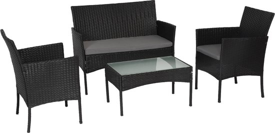 Salon de jardin CORDOUE en résine tressée noire 4 places - coussins gris