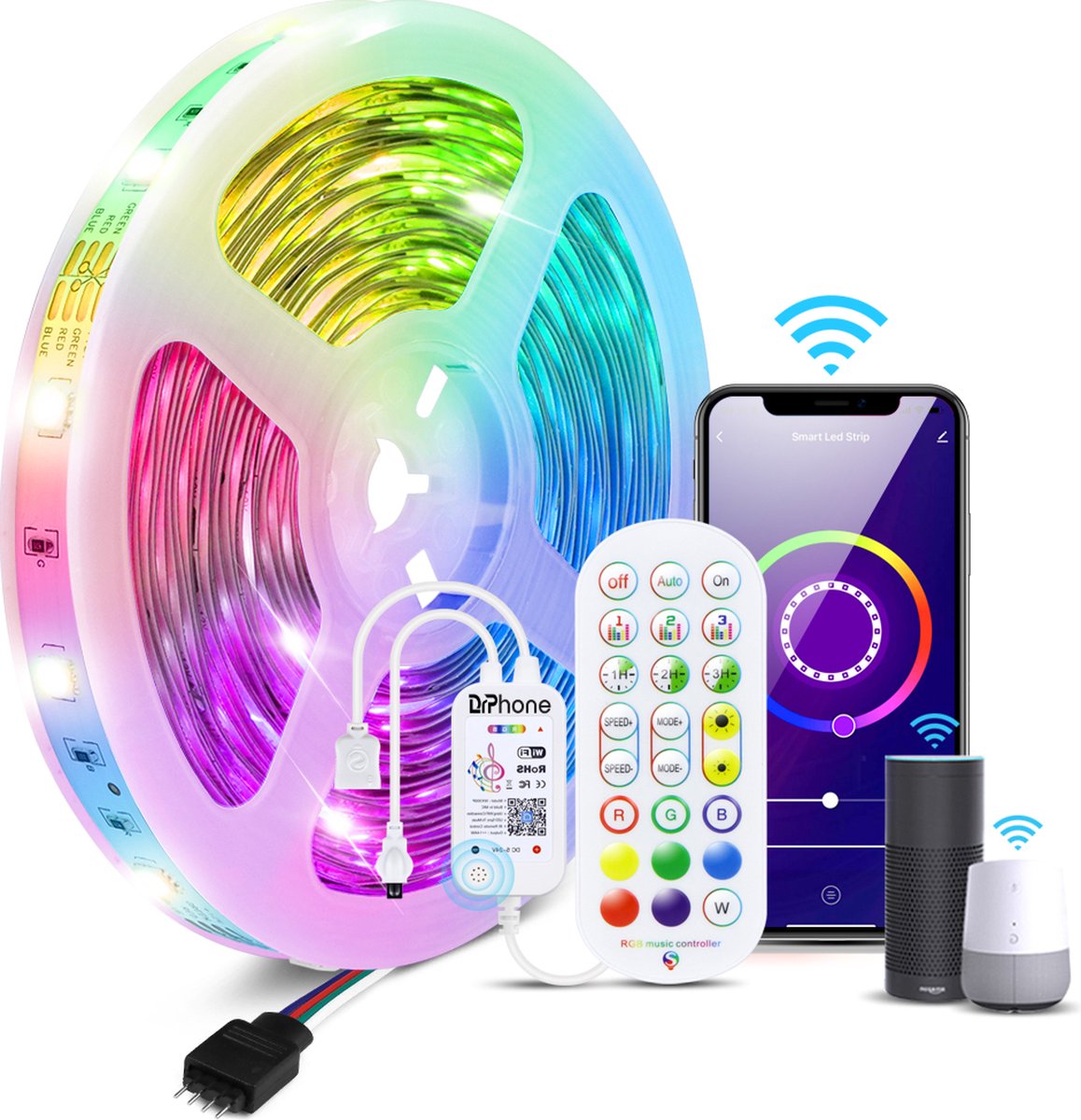 DrPhone AG07 Pro - 10 Meter RGB 5050 LED Strip (1 Geheel) - IP20 - 180 Leds - Zelfklevend - Dimmen - WiFi (Tuya/Smart Life) - Geschikt voor Google / Alexa