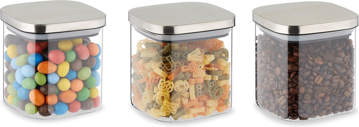 voorraadpot met rvs deksel - set van 3 - 600 ml - glas - luchtdicht