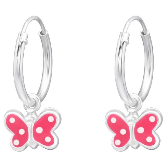 Joy|S - Zilveren vlinder bedel oorbellen - oorringen - roze met witte stipjes - kinderoorbellen