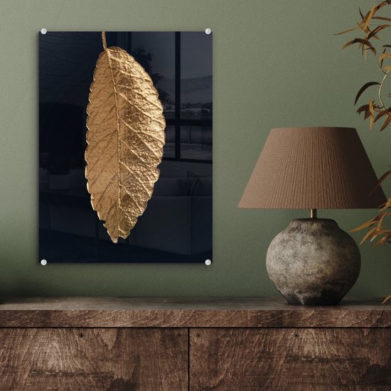 MuchoWow® Peinture sur verre 30x40 cm - Peinture sur verre acrylique - Feuilles - Zwart - Or - Luxe - Nature - Photo sur verre - Peintures