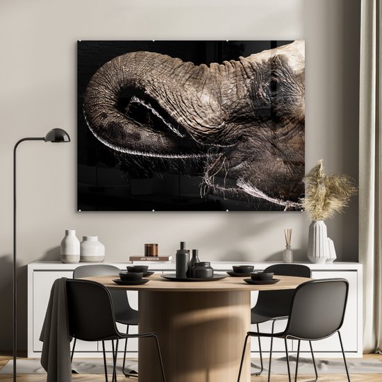 MuchoWow® Peinture sur verre 120x90 cm - Peinture sur verre acrylique - Éléphant - Animaux - Zwart - Nature - Photo sur verre - Peintures