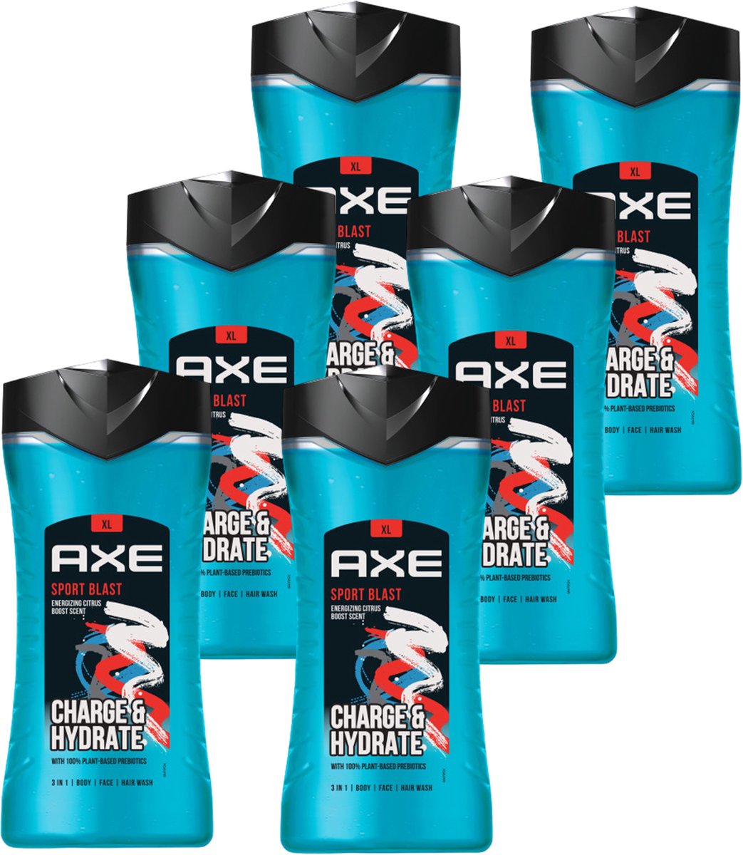 Axe - 3-in-1 Douchegel, Facewash & Shampoo Mannen - Sport Blast - 6 x 400 ml - XL - Voordeelverpakking