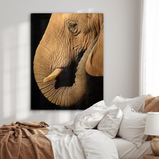 MuchoWow® Peinture sur verre 90x120 cm - Peinture sur verre acrylique - Éléphant - Animaux - Gros plan - Zwart - Photo sur verre - Peintures