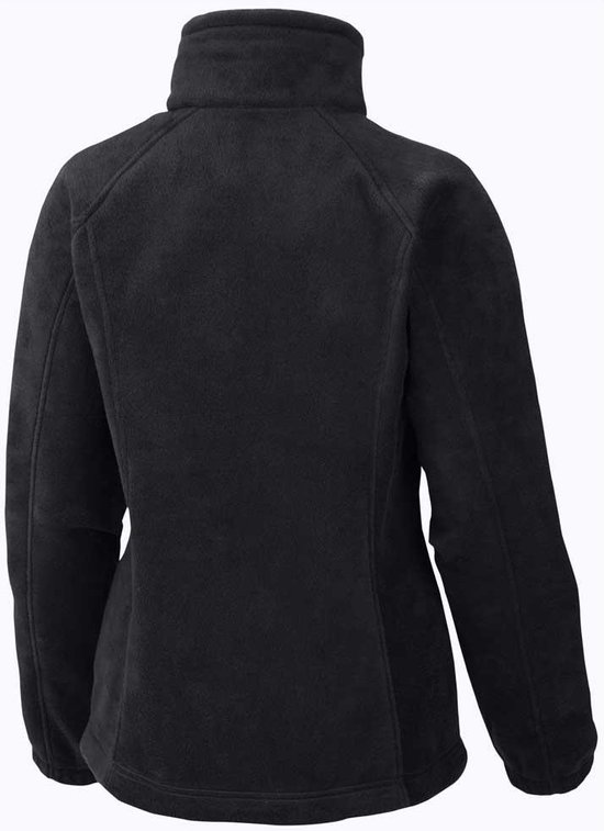 Achterkant van een zwarte Columbia fleece trui met rits en opstaande kraag.