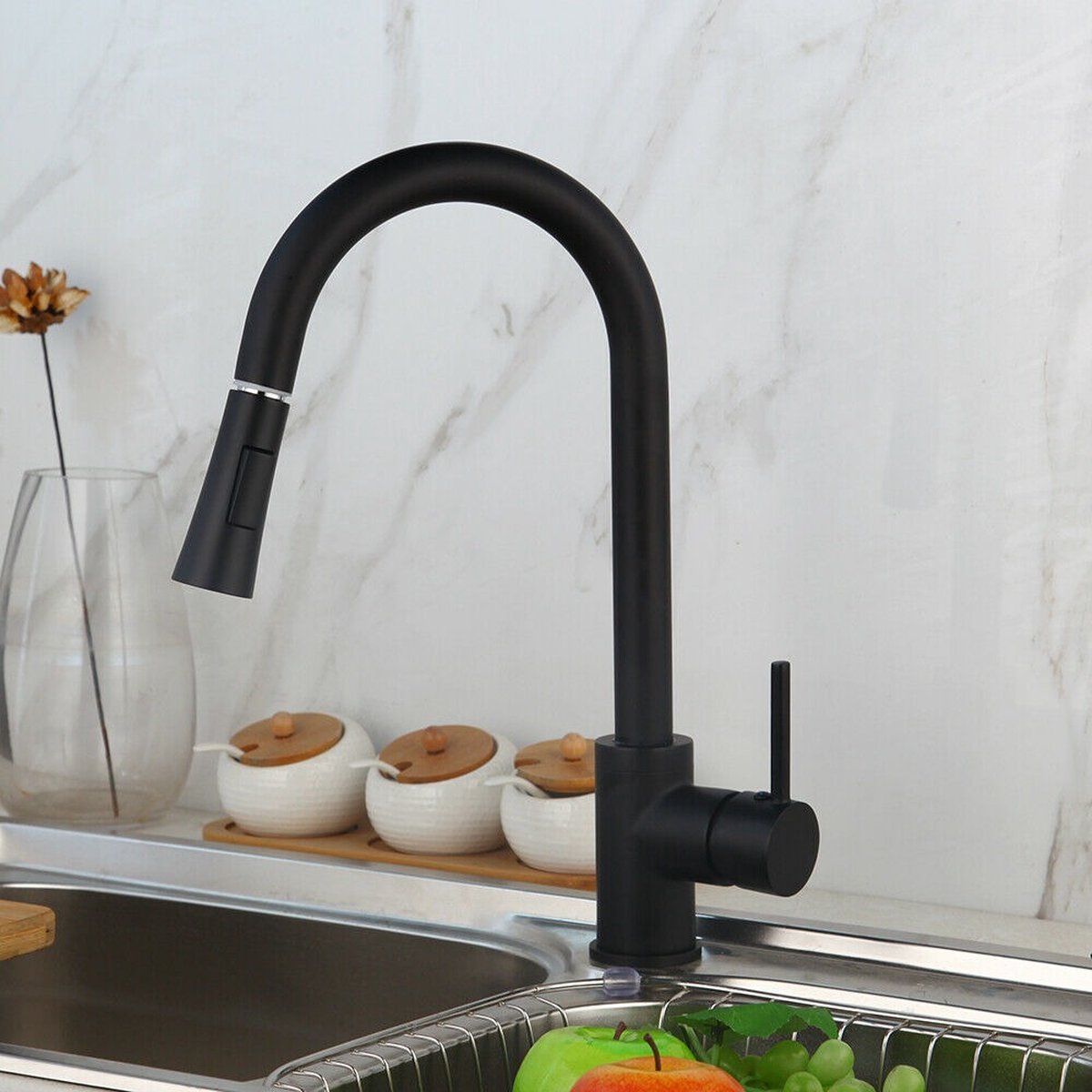 Trendopolis Keukenkraan RVS - Mengkraan Met Uittrekbare Uitloop Sproeikop Uittrekbaar Spoelfunctie Zwart 41 Cm Luxe Design