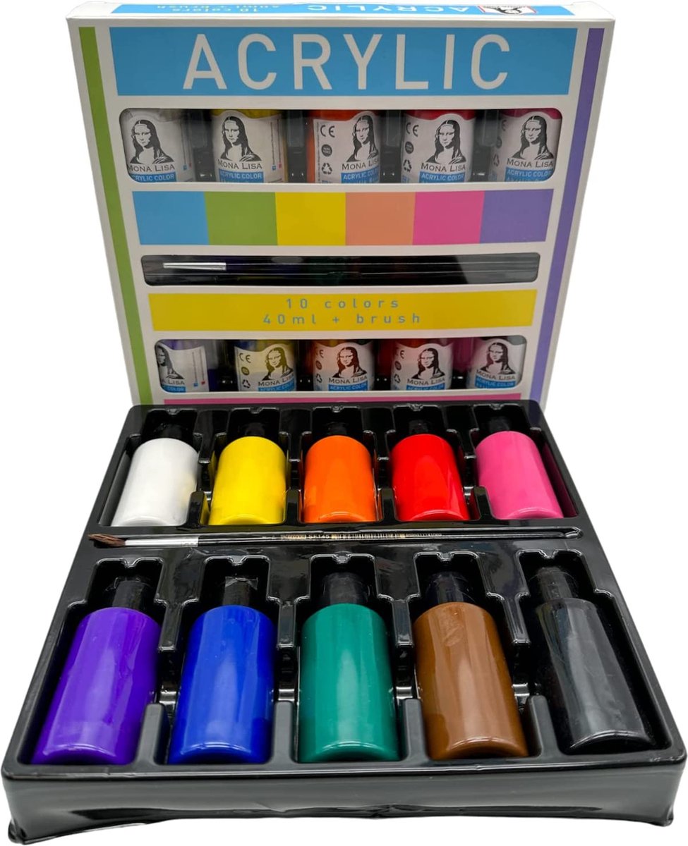 Südor Monalisa acrylverfset met penseel, 10 x 40 ml acrylset, voor kinderen en volwassenen om te schilderen op hout, steen en canvas, 10 kleuren + penseel — afbeelding 3