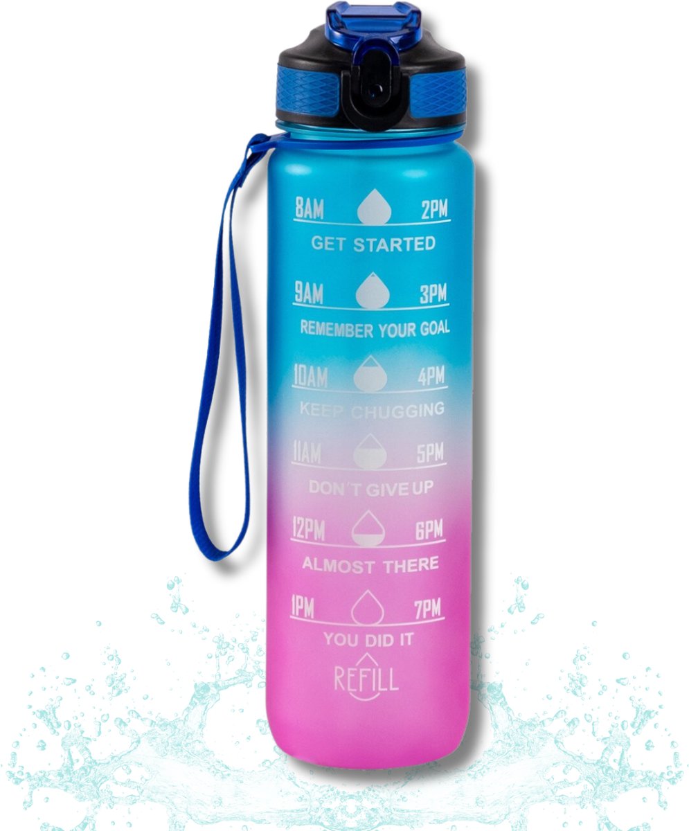 Vitalify® Motivatie Waterfles - 1 Liter Drinkfles - Waterfles met Rietje - Waterfles met tijdmarkering - BPA Vrij - Volwassenen - Kinderen