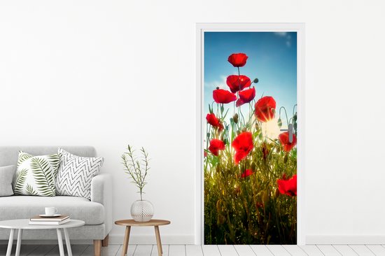 Sticker pour porte Coquelicots - Toscane - Soleil - Rouge - Blauw - 75x205 cm - Affiche de porte