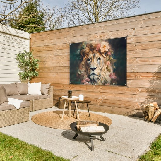 Affiche jardin - Toile jardin - Posters de jardin extérieur - Lion - Tête de lion - Animaux sauvages - Fleurs - 120x80 cm - Jardin