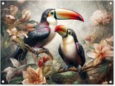 Tuinposter toekan - Tuindecoratie vogels - 80x60 cm - Wanddecoratie met bloemen voor buiten - Schutting decoratie jungle - Buitenposter - Schuttingdoek - Tuindoeken - Tuin doek - Balkon poster