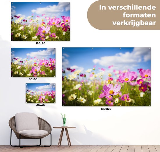 Tuinposter 120x80 cm - Tuindecoratie Bloemen - Wei - Paars - Gras - Wit - Wolken - Blauw - Poster voor in de tuin - Buiten decoratie - Schutting tuinschilderij - Tuindoek muurdecoratie - Wanddecoratie balkondoek
