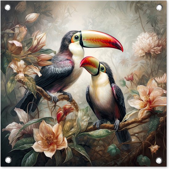 Tuinposter toekan - Tuindecoratie vogels - 50x50 cm - Wanddecoratie met bloemen voor buiten - Schutting decoratie jungle - Buitenposter - Schuttingdoek - Tuindoeken - Tuin doek - Balkon poster