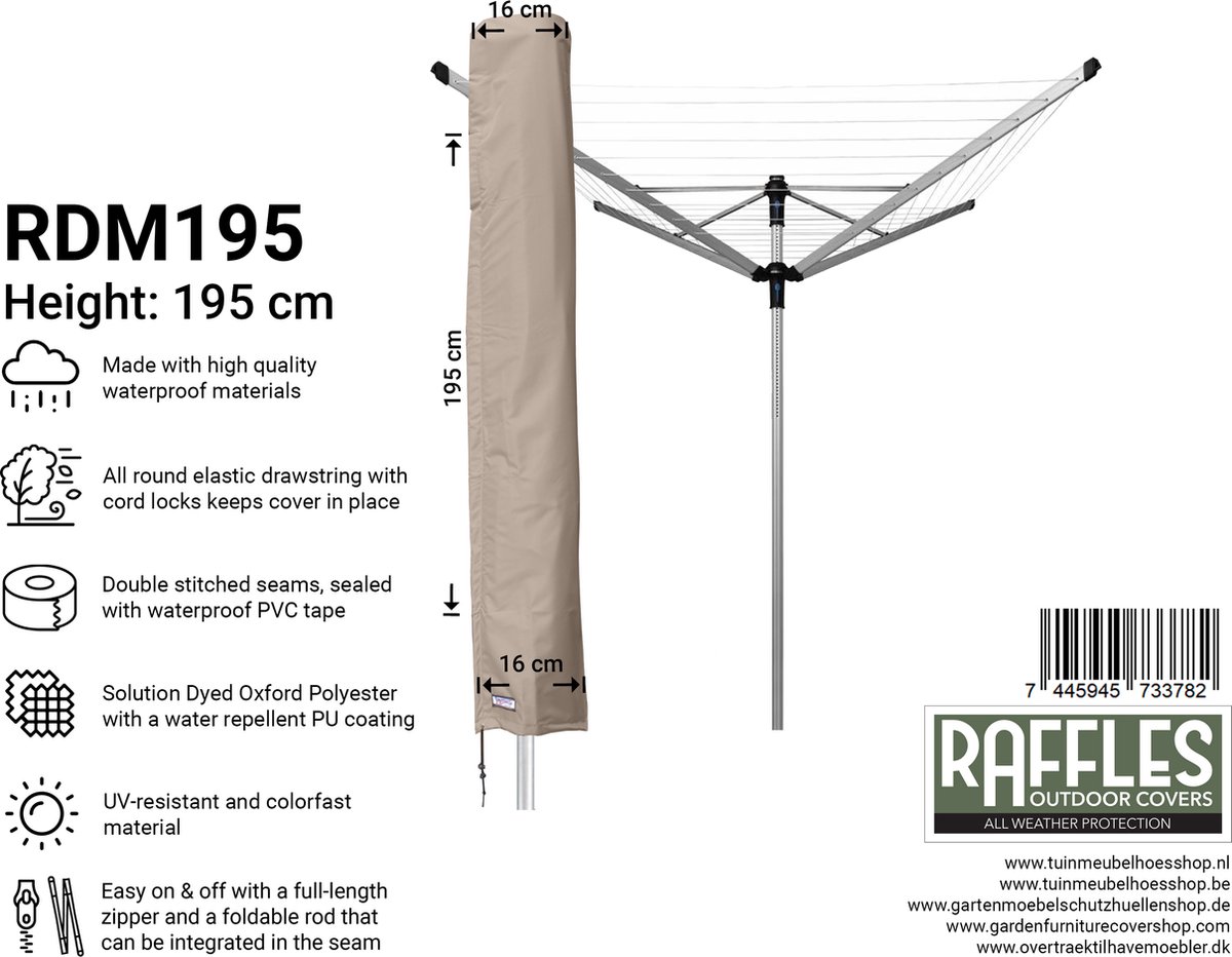 Raffles Covers Parasolhoes - Hoog: 195 cm - RDM195 - Waterdicht - UV-bestendig - Rits en stok - Trekkoord - Parasolhoes voor staande parasol Taupe
