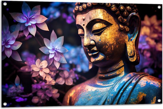 Tuinposter – Boeddha voor Struik vol Paarse Lelies - 105x70 cm Foto op Tuinposter (wanddecoratie voor buiten en binnen)