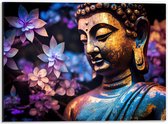 Dibond - Boeddha voor Struik vol Paarse Lelies - 40x30 cm Foto op Aluminium (Wanddecoratie van metaal)