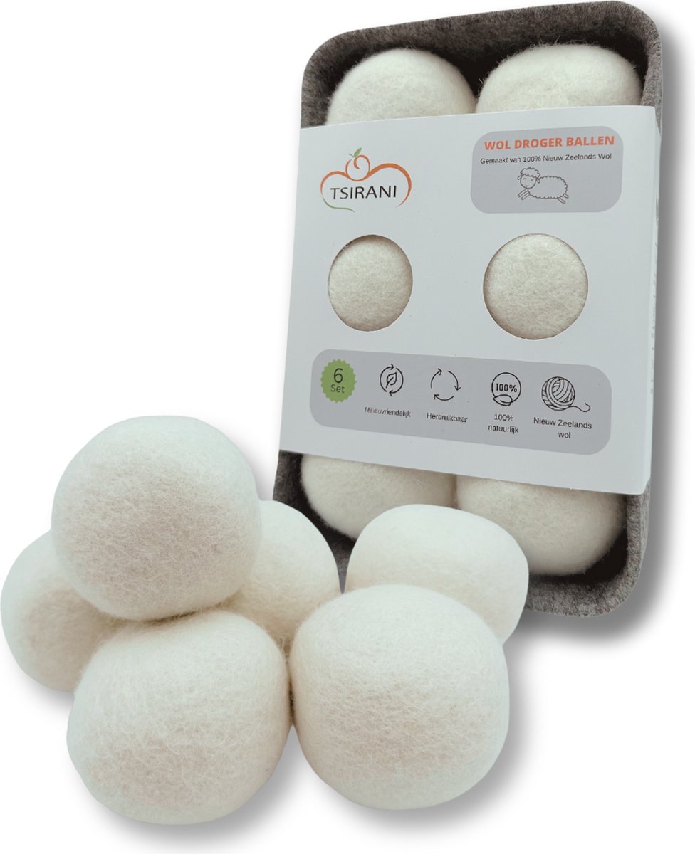 Goedkoopste Tsirani drogerballen 6x - Wasbol - Droogballen - Wasdrogerballen Merinowol - Wasballen droogtrommel