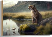 Hout - Cheetah op Rots langs Rivier door Natuurgebied - 75x50 cm - 9 mm dik - Foto op Hout (Met Ophangsysteem)