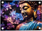 Tuinposter – Boeddha voor Struik vol Paarse Lelies - 40x30 cm Foto op Tuinposter (wanddecoratie voor buiten en binnen)