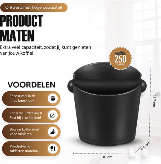 Zwarte, hoge capaciteit knock box met afmetingen 10 x 9.4 x 12.7 cm. Bovenop staat '250 grams'.