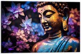 Dibond - Boeddha voor Struik vol Paarse Lelies - 60x40 cm Foto op Aluminium (Wanddecoratie van metaal)