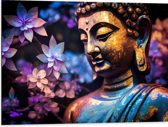 Dibond - Boeddha voor Struik vol Paarse Lelies - 80x60 cm Foto op Aluminium (Wanddecoratie van metaal)